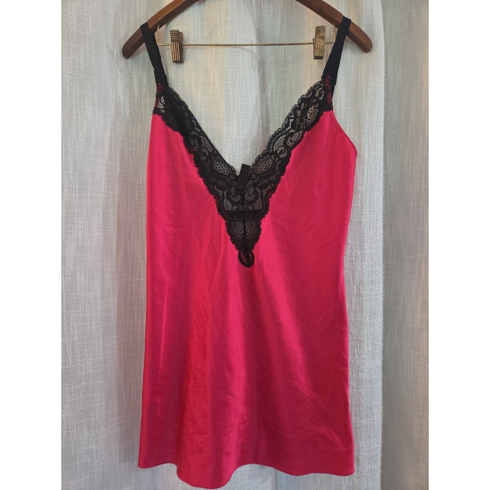 Victoria's Secret Satin Slip Dress Pink Black Lace Size Medium